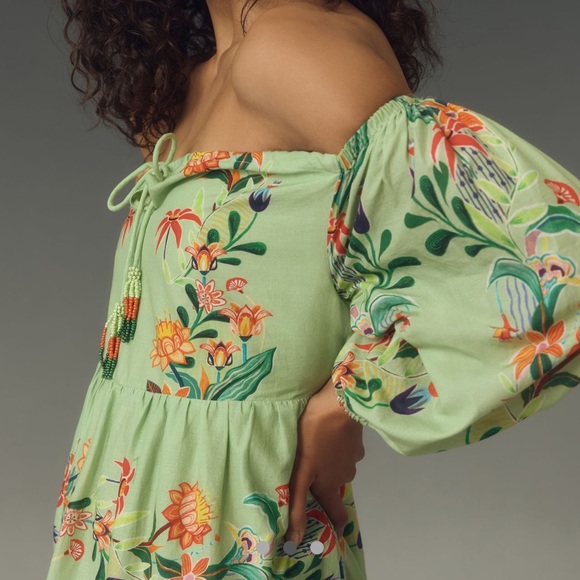 NWT Farm Rio X Anthropologie Green Off Shoulder Tiered Floral Midi Maxi Dress XS - Picture 2 of 3